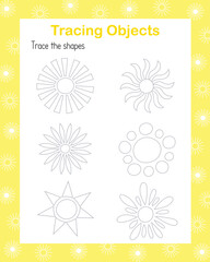 Tracing sun linear images handwriting practice vector illustration educational printable worksheet, drawing objects leisure activity learning concept, game for kids teacher's resources