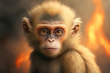 monkeys sad focus on her eyes see forest fire, Generative AI
