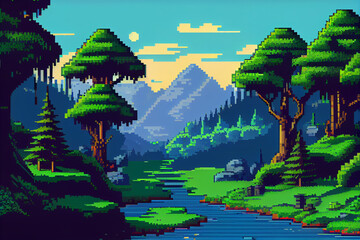 Obraz premium Video game background landscape with mountains and forests in 16 bit pixels. Retro video arcade game nature location with pixel art mountain hills, snow peaks, sky and clouds, trees, grass and lake.
