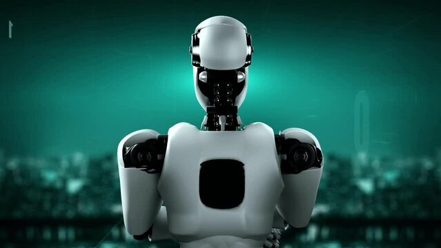 Futuristic robot artificial intelligence huminoid AI programming coding technology development and machine learning concept. Robotic bionic science research for future of human life. 3D rendering.