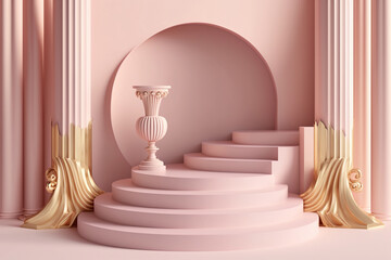Realistic 3D sweet pink, white cylinder pedestal podium, Generative Ai