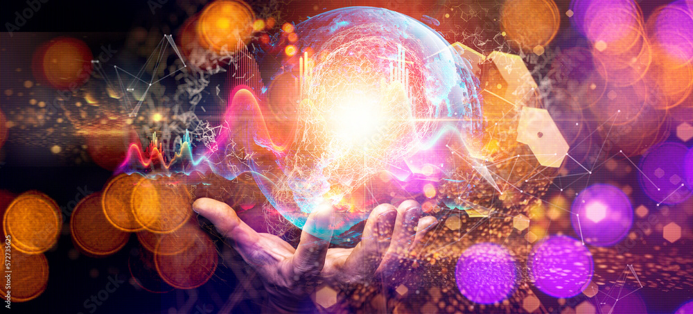 Fototapete creativity on connectivity.innovative idea.inspiration and network. hand showing digital light bulbs