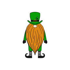 St. Patrick's Day greeting card. Cute leprechaun gnome in a hat with a ginger beard
