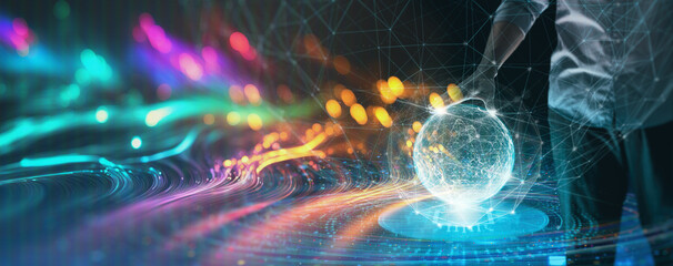 businessman touching circle global network connection and data exchanges on dark background,Communication and technology concept.Business networking customer, Science, Innovation,future.