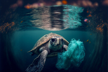 Turtle in dirt green water with fishing net and bottle waste. Concept global problem with plastic polluted rubbish floating in oceans. Generation AI
