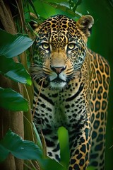 jaguar with piercing eyes in the brazilian jungle illustration design art - obrazy, fototapety, plakaty
