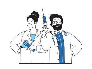 Medical concept with character situation. Doctor holds syringe and makes vaccinations to patients, nurse holds thermometer and assists. Vector illustration with people scene in flat design for web