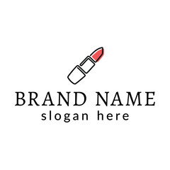 logo with a linear icon in the form of a red lipstick for a cosmetics store, make-up and makeup artist sphere
