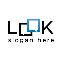 logo icon with the word look and two speech bubbles depicting a dialogue or chat suitable for a magazine, newspaper or blog
