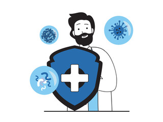 Medical concept with character situation. Doctor holds shield, protects health and immunity from diseases and viruses, makes vaccination. Vector illustration with people scene in flat design for web