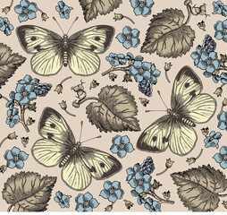  Butterflies peacock moths insect fly. Flowers seamless pattern. Blooming peonies realistic isolated. Vintage fabric background. Wildflowers. Drawing engraving. Vector victorian Illustration