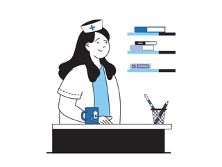 Medical concept with character situation. Nurse works at reception in clinic or hospital, meets patients and registers to visiting doctor. Vector illustration with people scene in flat design for web