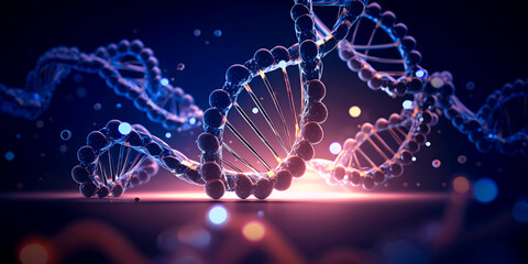 Spiral DNA Abstract polygonal wireframe molecule helix. Concept Medical Banner, code of genetic human. Generation AI