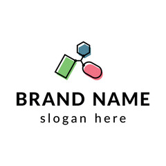 logo icon for science and chemistry sphere resembling molecular compounds, speech balloon and mind map