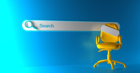 Searching for a new job opportunity. Office chair with blank search bar. Recruitment concept. We are hiring. 3D Rendering. Blank sign on an empty chair. Hiring new job vacancy concept. 
