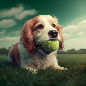 Acylation dog holding a tennis ball in mouth, sitting in a grass land