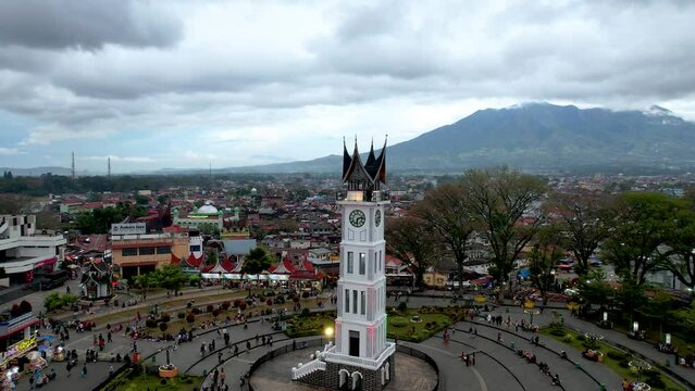 Aerial view of Jam Gadang, a historical and most famous landmark in Bukit Tinggi City, an icon of the city and the most visited tourist destination by tourists. 