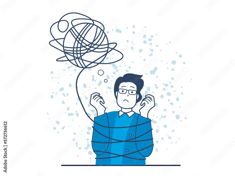 Poster mental health concept with character situation. sad man with confused thoughts tied with rope of neg