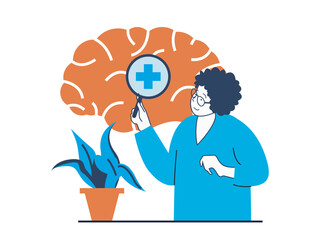 Mental health concept with character situation. Psychiatrist with magnifying glass examines brain, helps to recover from mental disorders. Vector illustration with people scene in flat design for web
