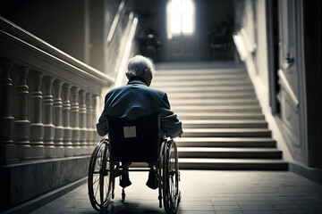 Old senior man in wheelchair in front of stairs. Concept problem life of disabled. Generation AI