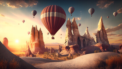Amazing landscape in Cappadocia with colorful hot air balloon fly in sky, sunset light. Concept country Turkey travel. Generation AI - obrazy, fototapety, plakaty