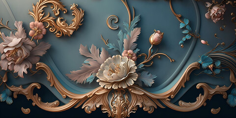 A wallpaper of a rococo blooms flowers, pastel scheme blue gold tone fantasy, generative ai