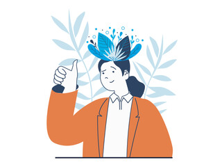 Mental health concept with character situation. Happy woman with plants on head thinks positively, takes care of her feelings and emotions. Vector illustration with people scene in flat design for web