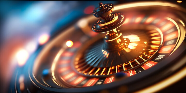 Casino roulette wheel in motion, Banner colorful background. Generation AI