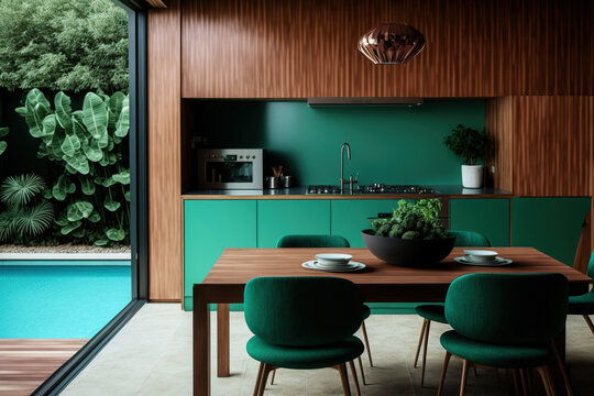 In the pool villa, there is a green kitchen with a wooden cabinet, a dining table, and chairs on the terrace. Generative AI