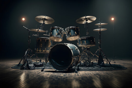 Drum set on stage for band. Festival music with spot lighting spotlight. Generation AI