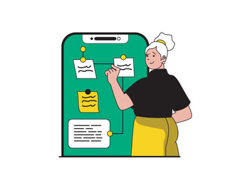 Productivity workplace concept with character situation. Woman organizes workflow and processes, creates notes using mobile application. Vector illustration with people scene in flat design for web