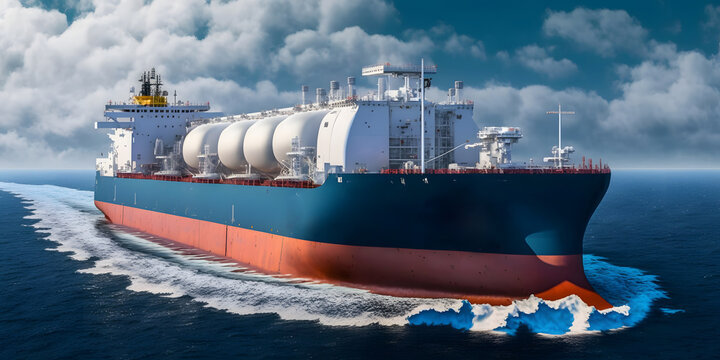 Tanker Liquefied Natural Gas LNG ship sails through Suez Egypt canal. Concept Global logistic center marine traffic. Generation AI