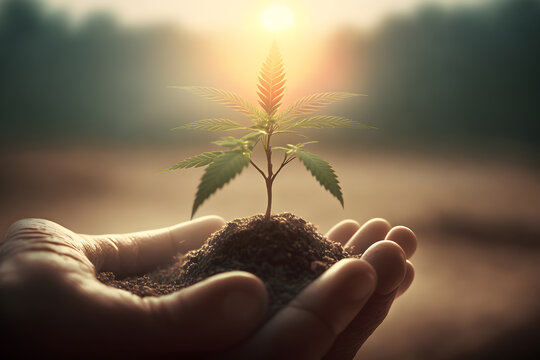 Farmer hands holds young baby cannabis plant. Concept farm marijuana plantation, sunset. Generation AI