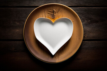 Empty plate with heart shape on a wooden tray. Wooden background. Top view. Copy space