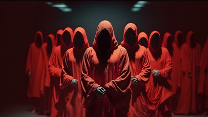 Ceremony of Cultists sect in hood red, dark background. Concept devil cult ceremony, evil rite to hell. Generation AI - obrazy, fototapety, plakaty