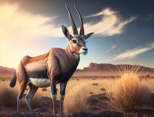 antelope in the sun, A wild animal Antelope, enjoy nature, Bright sky, hot Atmosphere, HQ landscape, photorealistic, ultra photoreal, ultra-detailed, blur, 4K, Animal Wallpaper, wildlife Background,AI