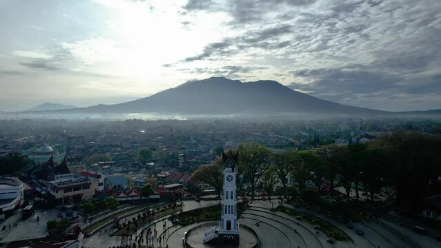 Aerial view of Jam Gadang, a historical and most famous landmark in Bukit Tinggi City, an icon of the city and the most visited tourist destination by tourists. 