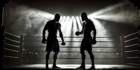 Silhouette of two professional boxer fight in ring match, with spot lighting. Generation AI