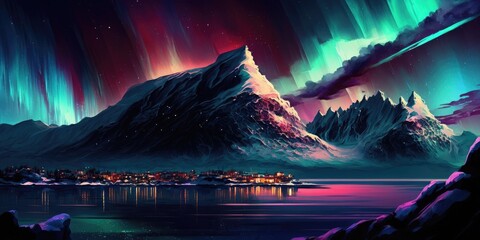 northern lights over the sea snowy mountains and city illustration design art