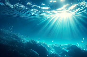 Fototapeta na wymiar Underwater, blue water, sea bed, bottom background with sun rays from aqua surface. Generative AI