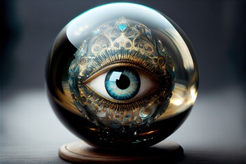 Fortune telling, providence concept. Crystal orb, ball, magic glass sphere with with eye. Generative AI - obrazy, fototapety, plakaty