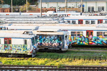 Haydarpasa train station. Old trains. Graffiti trains.