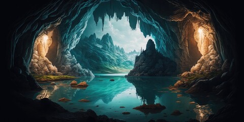 raster of underground lakes in a marble ca illustration design art - obrazy, fototapety, plakaty