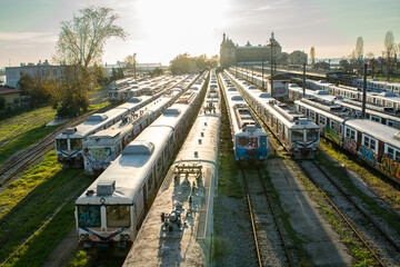 Obraz premium Haydarpasa train station. Old trains. Graffiti trains.