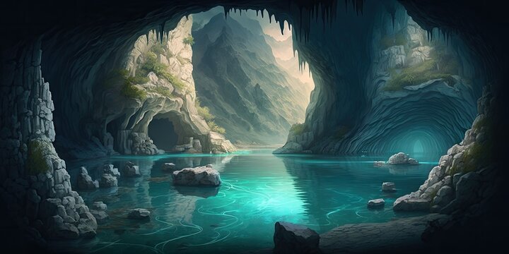 raster of underground lakes in a marble ca illustration design art