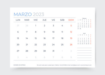 Spanish calendar for March 2023 year. Planner calender template. Week starts Sunday. Desk corporate diary. Monthly organizer. Table schedule grid. Timetable layout. Vector illustration. Paper size A5