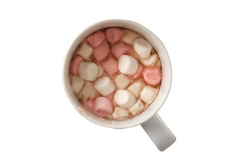 white cup of cocoa with marshmallow top view on transparent background