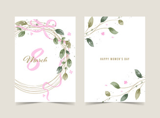 International Women's Day. A set of greeting cards in rustic style. Greenery Watercolor Floral template card design.