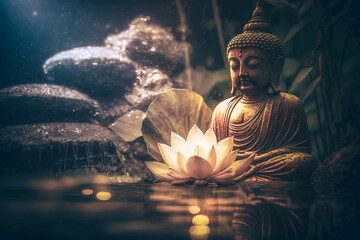 Lotus flower and buddha statue. Generative AI - obrazy, fototapety, plakaty
