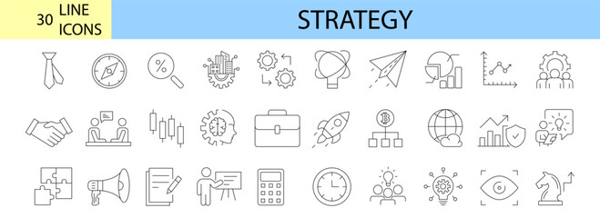 Fototapeta na wymiar Business Strategy web icons in line style. Srtategy, startup, teamwork, people, plan, payment, management, target, employee, infographic. Icon collection. Vector illustration.